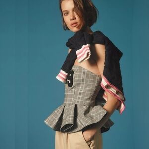 Mare Mare x Anthropologie Strapless Varsity Plaid Peplum Top
